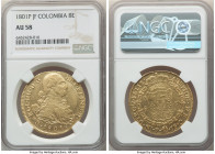 Charles IV gold 8 Escudos 1801 P-JF AU58 NGC, Popayan mint, KM62.2, Cal-1674. A borderline Mint State piece showing a well balanced strike and luminou...