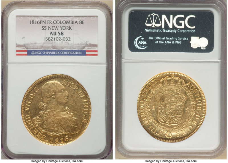 Ferdinand VII gold "SS New York" 8 Escudos 1816 P-FR AU58 NGC, Popayan mint, KM6...