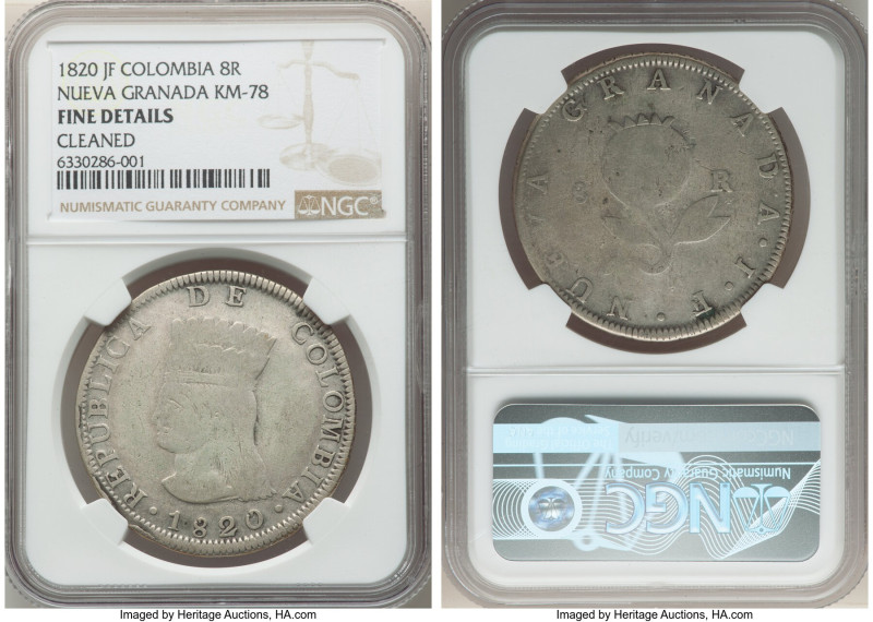 Nueva Granada Mule 8 Reales 1820-JF Fine Details (Cleaned) NGC, Bogota mint, KM-...