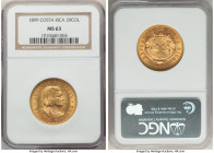 Republic gold 20 Colones 1899 MS63 NGC, San Jose mint, KM141, Fr-19. Mintage: 25,000. Delightfully sunny and fully lustrous specimen in Choice Mint St...