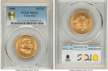 Republic gold 20 Colones 1900 MS63 PCGS, San Jose mint, KM141, Fr-19. Nimble luster tickles the surfaces of this captivating choice specimen, enhancin...