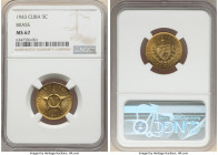 Republic brass 5 Centavos 1943 MS67 NGC, Philadelphia mint, KM11.3a. Virtually pristine in every regard, embellished by a luxurious glossy coating as ...
