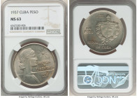 Republic "ABC" Peso 1937 MS63 NGC, Philadelphia mint, KM22, Elizondo-13. Tempered by a dove gray tone that weaves across the fields yielding natural, ...