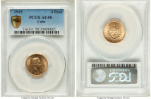 Republic gold 4 Pesos 1915 AU58 PCGS, Philadelphia mint, KM18, Fr-5. Mintage: 6,300. A gently circulated piece from the first date of a scarce two-yea...