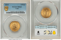 Republic gold 5 Pesos 1915 MS64 PCGS, Philadelphia mint, KM19, Fr-4. An attractive representative of this sought-after type that becomes exceptionally...
