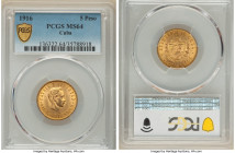 Republic gold 5 Pesos 1916 MS64 PCGS, Philadelphia mint, KM19, Fr-4. This handsome choice specimen is draped in velveteen, olive-toned surfaces animat...
