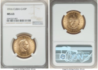 Republic gold 10 Pesos 1916 MS63 NGC, Philadelphia mint, KM20, Fr-3. This Choice Mint State specimen presents wild, cartwheeling luster bathed in subl...