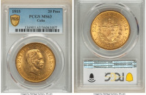 Republic gold 20 Pesos 1915 MS63 PCGS, Philadelphia mint, KM21, Fr-1. Mintage: 57,000. A handsome representative of this appreciable one-year type tha...