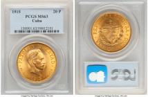 Republic gold 20 Pesos 1915 MS63 PCGS, Philadelphia mint, KM21, Fr-1. Mintage: 57,000. With the firmly struck devices basking in a marvelous honey-gol...