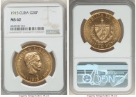 Republic gold 20 Pesos 1915 MS62 NGC, Philadelphia mint, KM21, Fr-1. Mintage: 57,000. A handsome Mint State specimen blanketed in an inviting champagn...