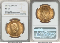 Republic gold 20 Pesos 1915 MS61 NGC, Philadelphia mint, KM21, Fr-1. Mintage: 57,000. A perennially popular, single-year type. This neatly presented o...