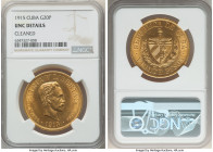 Republic gold 20 Pesos 1915 UNC Details (Cleaned) NGC, Philadelphia mint, KM21, Fr-1. Mintage: 57,000. Though closer examination reveals fine hairline...
