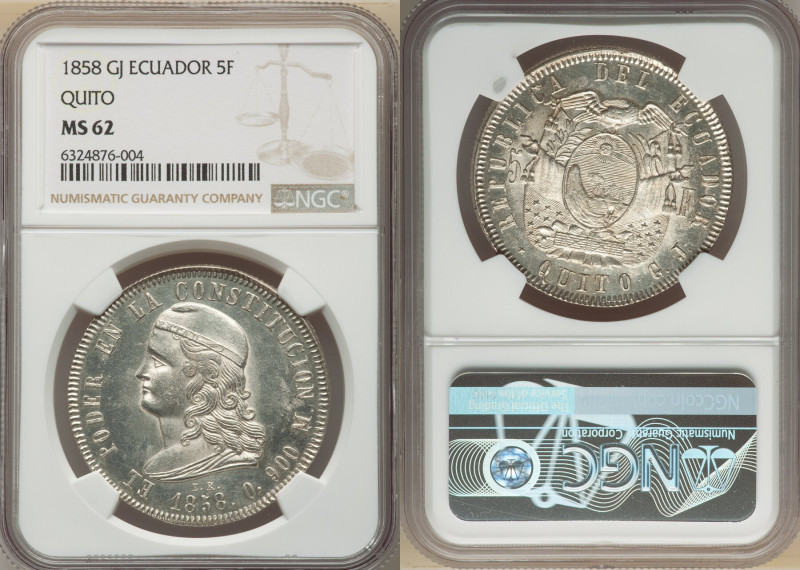 Republic 5 Francos 1858 QUITO-GJ MS62 NGC, Quito mint, KM39, Fonrobert-8325. An ...