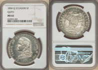 Republic 5 Francos 1858 QUITO-GJ MS62 NGC, Quito mint, KM39, Fonrobert-8325. An enticing one-year type in uncirculated condition, displaying bright ar...