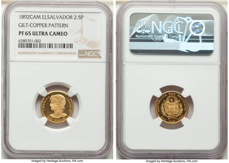 Republic gilt-copper Proof Pattern 2-1/2 Pesos 1892-C.A.M. PR65 Ultra Cameo NGC,...