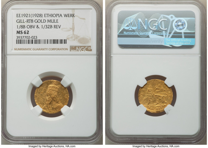 Haile Selassie I gold Mule Werk EE 1921 (1928) MS62 NGC, Addis Ababa mint, cf. K...