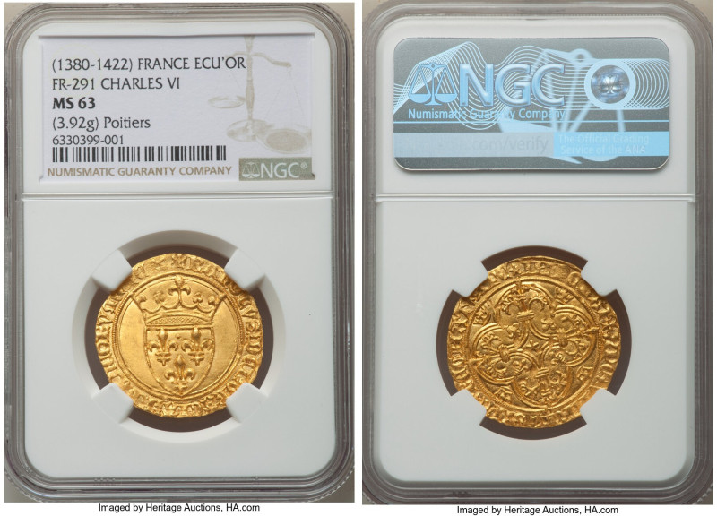 Charles VI (1380-1422) gold Ecu d'Or a la couronne ND (from 1389) MS63 NGC, Poit...