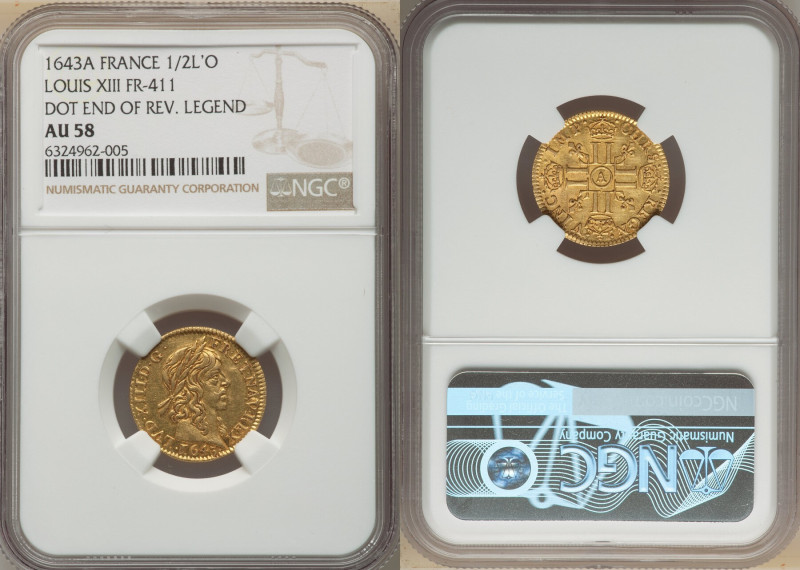 Louis XIII gold 1/2 Louis d'Or 1643-A AU58 NGC, Paris mint, KM148.1, Fr-411, Gad...