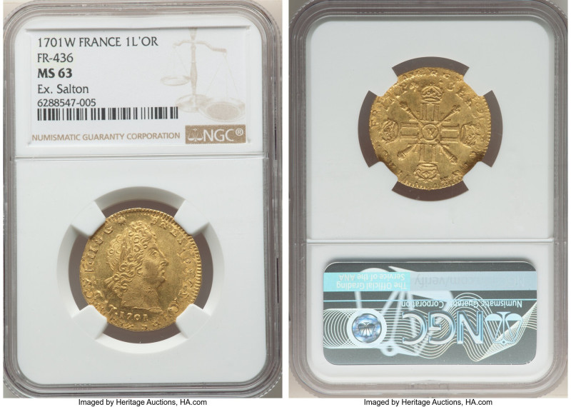 Louis XIV gold Louis d'Or 1701-W MS63 NGC, Lille mint, KM302.20, Fr-436, Gad-253...