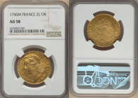 Louis XV gold 2 Louis d'Or 1750-M AU58 NGC, Toulouse mint, cf. KM519.11 (year unlisted), Gad-346, L4L-491 (R5). An exceedingly rare au bandeau type, b...