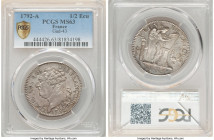 Louis XVI 1/2 Ecu L'An 4 (1792)-A MS63 PCGS, Paris mint, KM613.1, Gad-43, Ciani-2240. Shrouded in a taupe-gray patina that shifts with underlying lust...