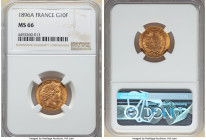 Republic gold 10 Francs 1896-A MS66 NGC, Paris mint, KM830, Fr-594, Gad-1016. An immaculate gem representing a type very rarely encountered this nice....