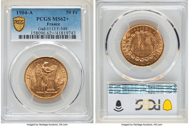 Republic gold 50 Francs 1904-A MS62+ PCGS, Paris mint, KM831, Fr-591, Gad-1113. ...