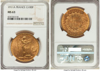 Republic gold 100 Francs 1911-A MS63 NGC, Paris mint, KM858, Fr-590, Gad-1137a. A beautiful example of this popular type dressed in unrestrained luste...