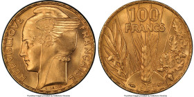 Republic gold "Bazor" 100 Francs 1935 MS66 PCGS, Paris mint, KM880, Fr-598, Gad-1148. A simply radiant rendition of this instantly recognizable "Bazor...