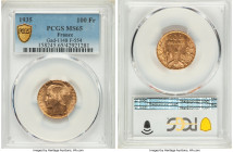 Republic gold "Bazor" 100 Francs 1935 MS65 PCGS, Paris mint, KM880, Fr-598, Gad-1148. A mellow gold gem bearing sharp Art Deco designs and clad in lus...