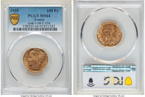 Republic gold "Bazor" 100 Francs 1935 MS64 PCGS, Paris mint, KM880, Fr-598, Gad-1148. A popular Art Deco design in Choice Mint State, this piece boast...