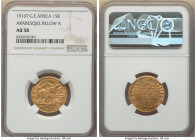 German Colony. Wilhelm II gold 15 Rupien 1916-T AU58 NGC, Tabora mint, KM16.2, Fr-1, J-728a. Arabesque below the A in "OSTAFRIKA" variety. An affordab...