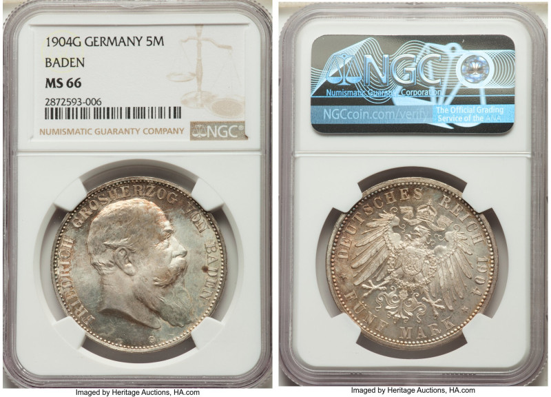 Baden. Friedrich I 5 Mark 1904-G MS66 NGC, Karlsruhe mint, KM274, Dav-535. This ...