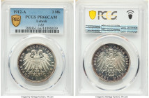 Lübeck. Free City Proof 3 Mark 1912-A PR66 Cameo PCGS, Berlin mint, KM215, J-82. A flashy example with purple hues around the rim. 

HID09801242017...