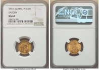 Saxony. Albert gold 5 Mark 1877-E MS67 NGC, Dresden mint, KM1239, J-260. A gem specimen with a sublime, buttery hue that is particularly lustrous on t...