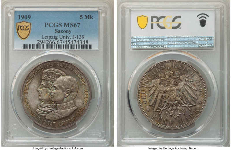 Saxony. Friedrich August III "Leipzig University" 5 Mark 1909 MS67 PCGS, Berlin ...