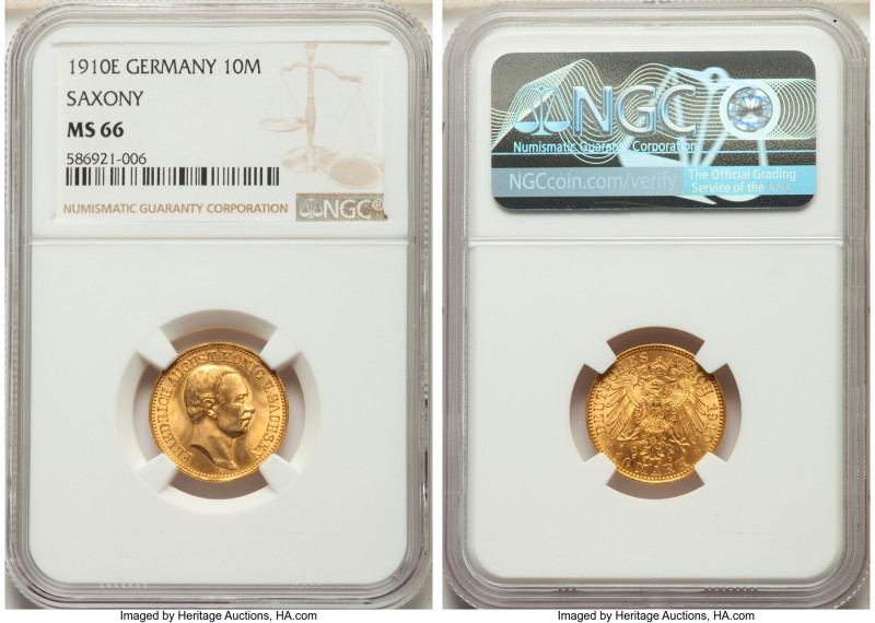 Saxony. Friedrich August III gold 10 Mark 1910-E MS66 NGC, Muldenhutten mint, KM...