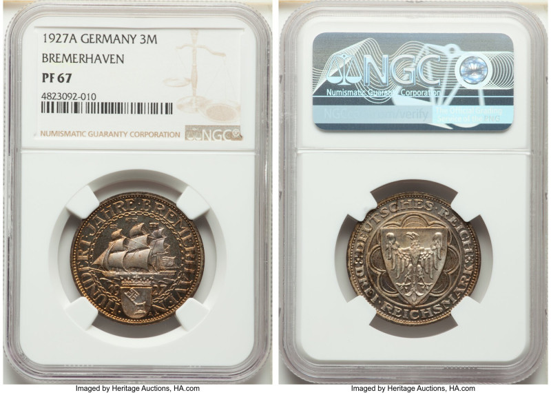 Weimar Republic Proof "Bremerhaven" 3 Mark 1927-A PR67 NGC, Berlin mint, KM50, J...