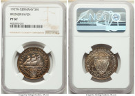 Weimar Republic Proof "Bremerhaven" 3 Mark 1927-A PR67 NGC, Berlin mint, KM50, J-325. The 100th Anniversary of Bremerhaven. Silver blue and citrus ton...