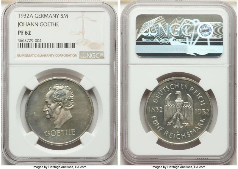 Weimar Republic Proof "Goethe" 5 Mark 1932-A PR62 NGC, Berlin mint, KM77, J-351....