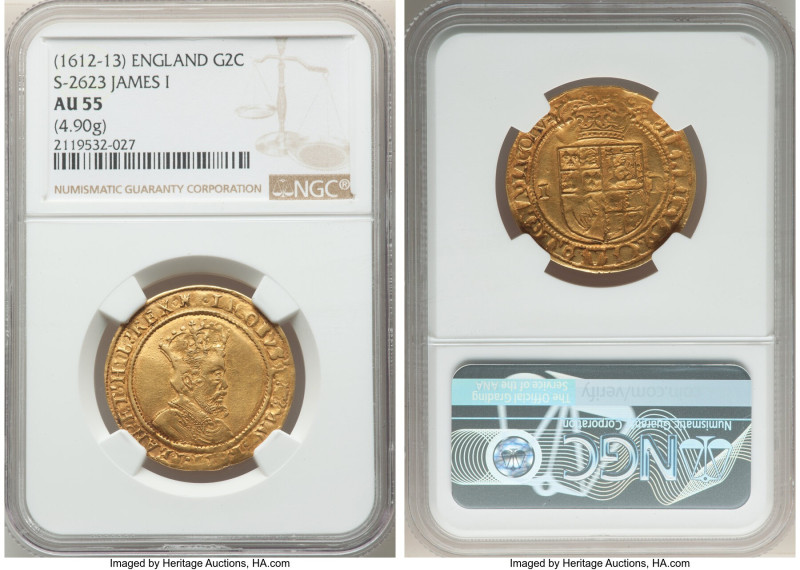 James I (1603-1625) gold Double Crown ND (1612-1613) AU55 NGC, Tower mint, Tower...