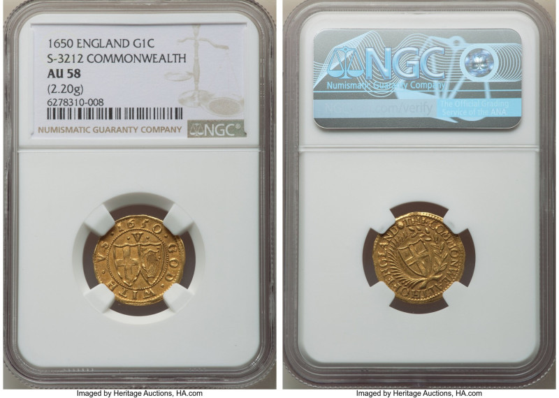 Commonwealth gold Crown 1650 AU58 NGC, Sun mm, KM393.1, S-3212. 2.20gm. Firmly s...