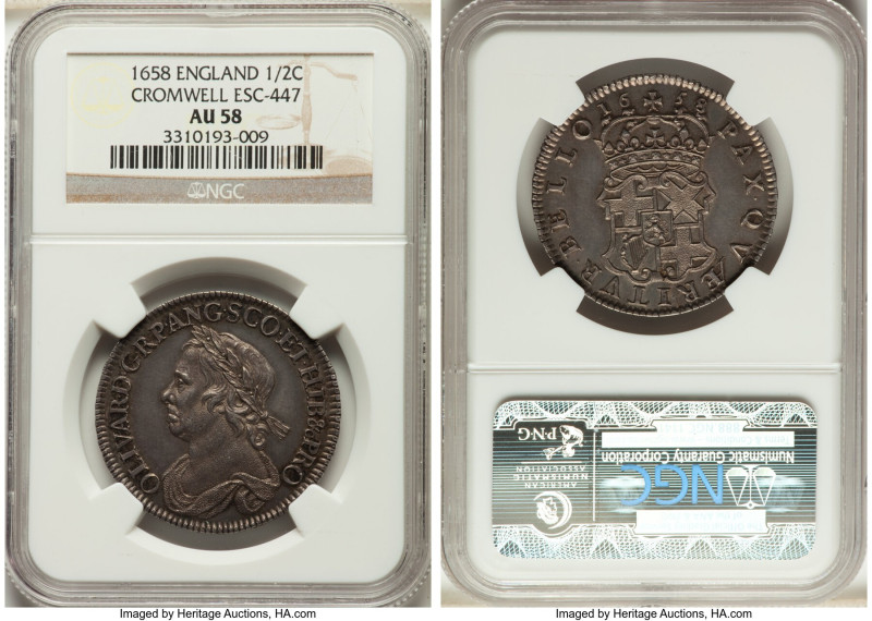 Oliver Cromwell 1/2 Crown 1658 AU58 NGC, KM-B207, S-3227A. A collectible Commonw...