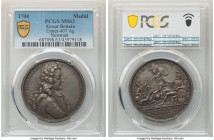 Anne silver "Battle of Blenheim" Medal 1704 MS63 PCGS, Eimer-407, Julius-658. 37.3mm. 18.4gm. By George Hautsch. IOH D MARLEBVRG ANG EXER CAPIT GENER ...