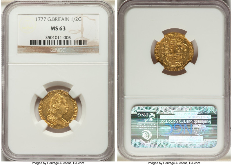 George III gold 1/2 Guinea 1777 MS63 NGC, KM605, S-3734. Fourth laureate head. A...