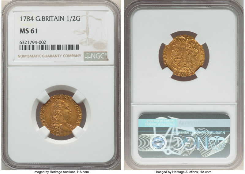 George III gold 1/2 Guinea 1784 MS61 NGC, KM605, S-3734. Fourth laureate head. A...