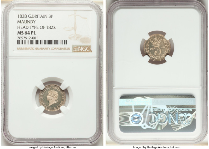 George IV Mule Maundy 3 Pence 1828 MS64 Prooflike NGC, KM-Unl. (cf. KM685.1/KM68...