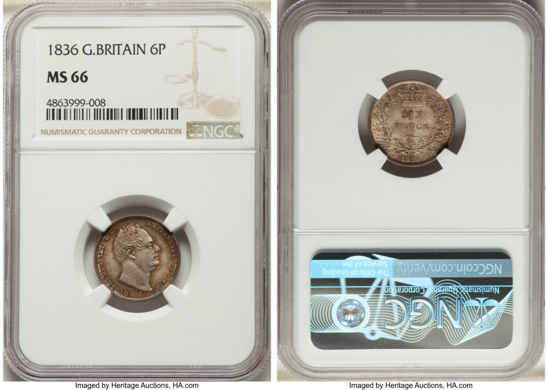 William IV 6 Pence 1836 MS66 NGC, KM712, S-3836. The highest graded specimen acr...