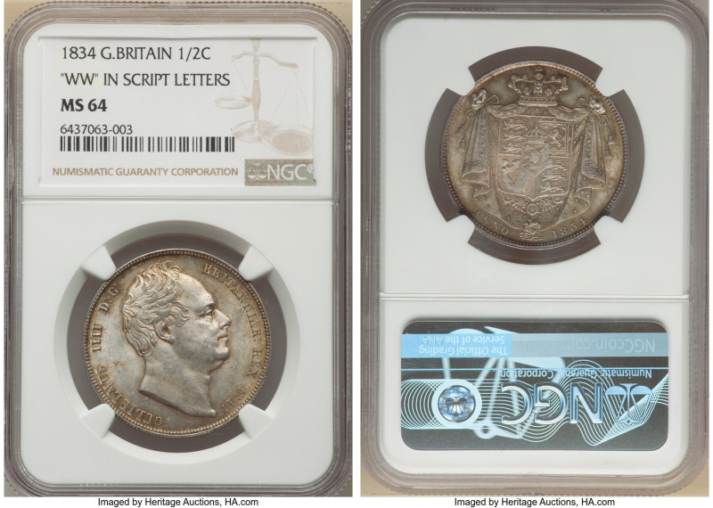 William IV 1/2 Crown 1834 MS64 NGC, KM714.2, S-3834, W.W. in script. The captiva...