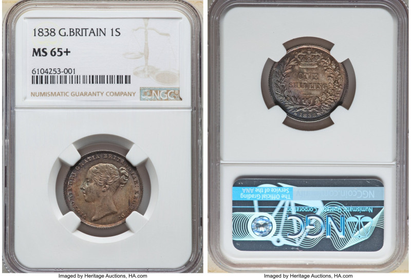 Victoria Shilling 1838-WW MS65+ NGC, KM734.1, S-3902. First year of issue. A dra...